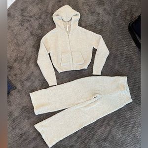 Skims Cozy Knit Set - wide leg pants crop zip hoodie, light sea green/grey color
